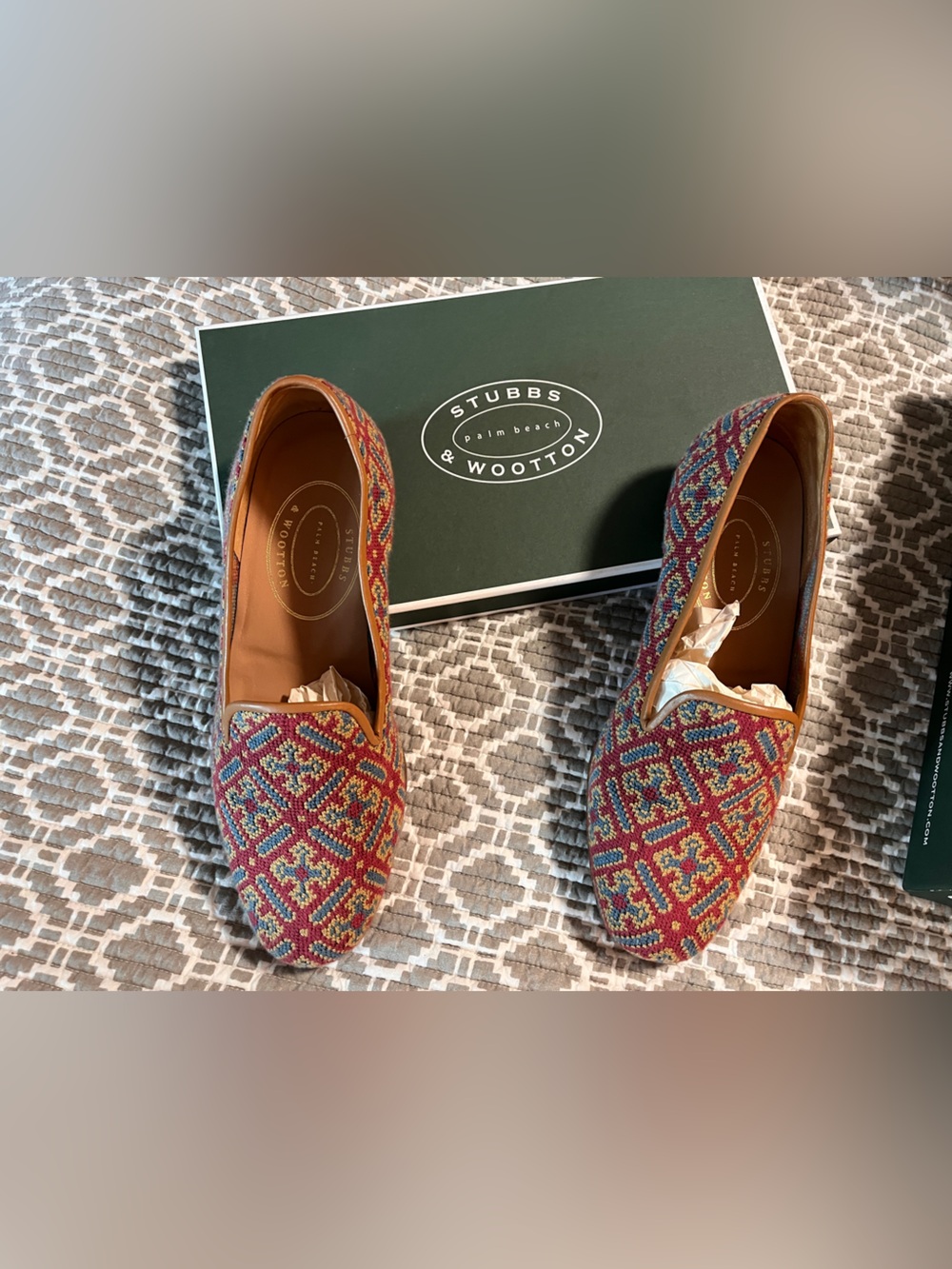 Stubbs & Wootton Cuenca Red Multi Embroidered Smoking Slippers for men size8-1/2